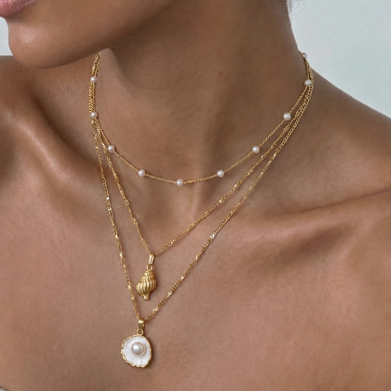 Pearl Shell Layered Necklace | สร้อยคอเลเยอร์มุกและเปลือกหอย