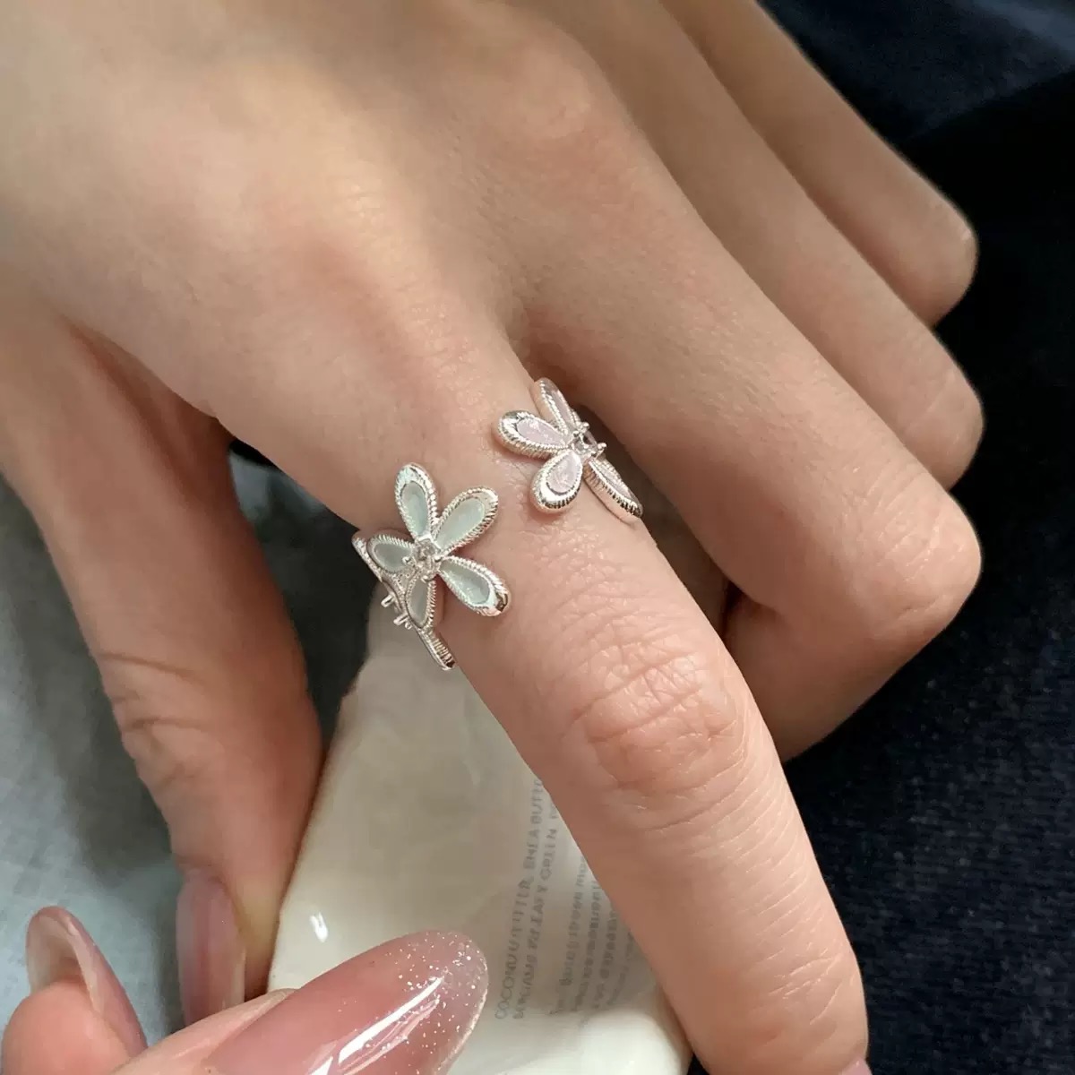 Silver Butterfly & Flower Open Ring | แหวนเปิดผีเสื้อและดอกไม้สีเงิน