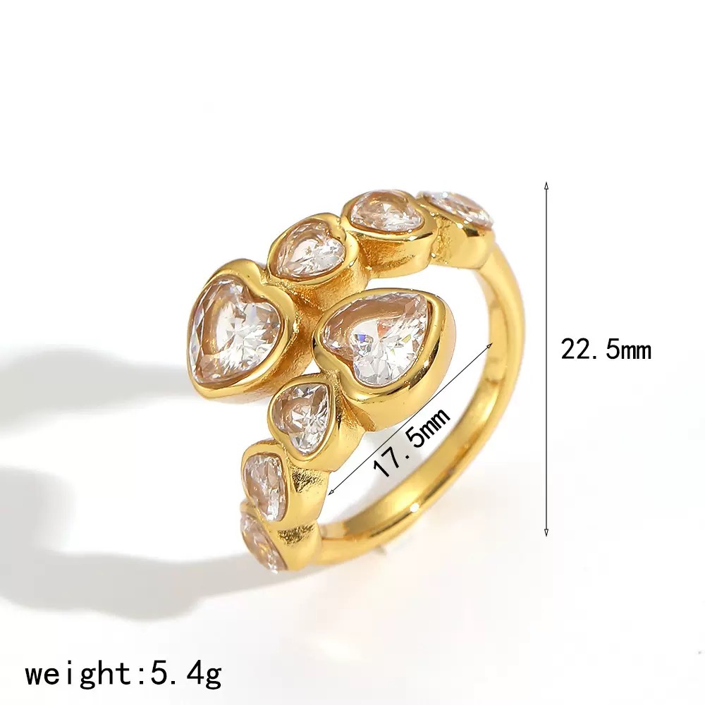 304 Stainless Steel Crystal Heart Statement Ring | แหวนคริสตัลหัวใจสีทอง