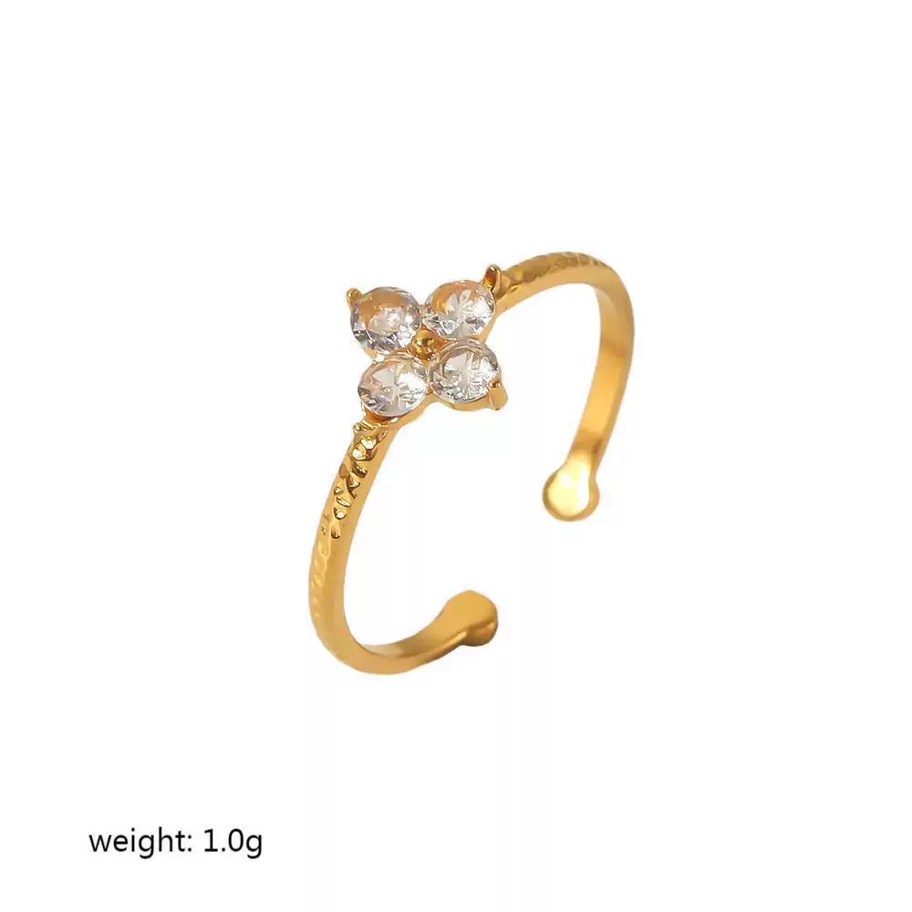 304 Stainless Steel Crystal Clover Open Ring | แหวนดอกโคลเวอร์คริสตัลสีทอง